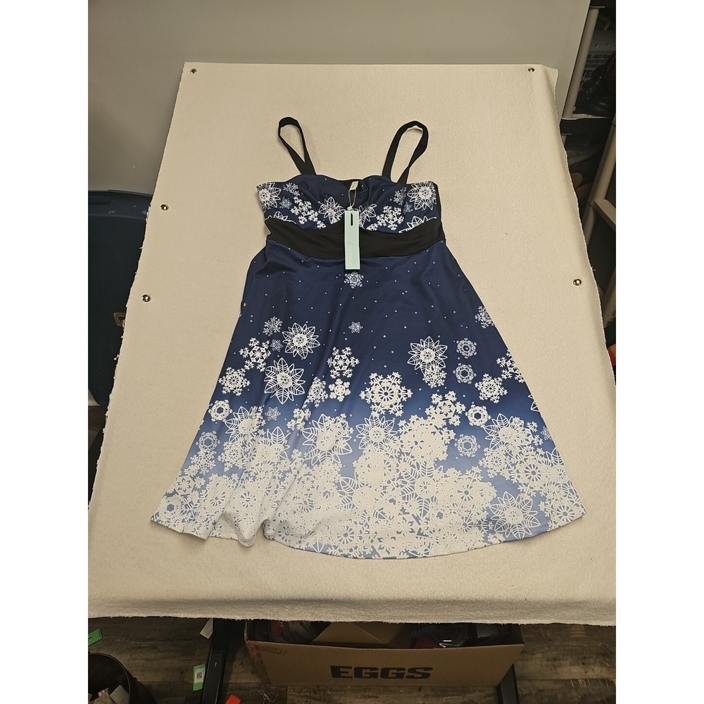 Dressfo Snowflake Print Ombre Fit‎ Flare Holiday Dress Navy Blue White XXL